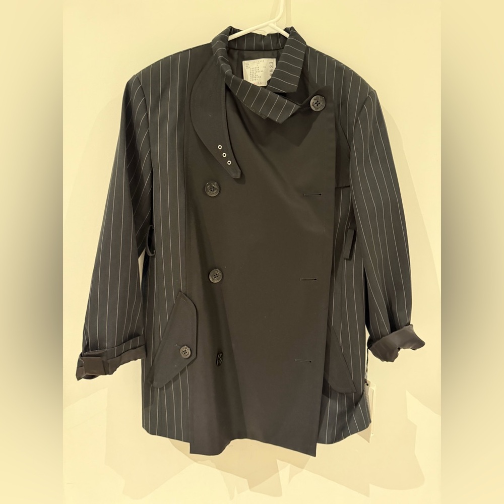Sacai Black Pinstripe Trench Coat